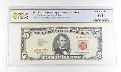 1963 $5 Legal Tender Star Note Fr#1536* Choice Unc 64 PCGS *2937