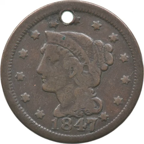 1847/7 Liberty Head Large Cent Holed a4786
