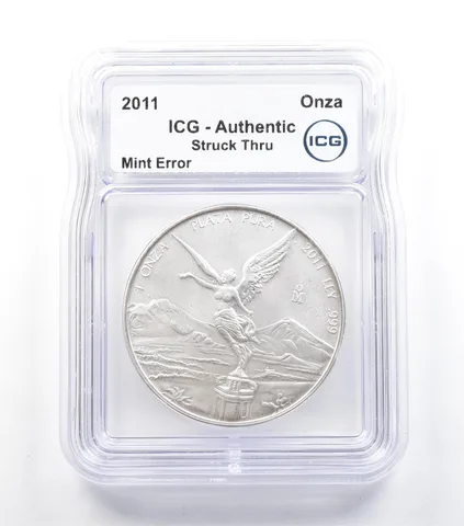 2011 Mo Mexico 1 Onza Silver Libertad Mint Error Struck Thru Authentic ICG *5046