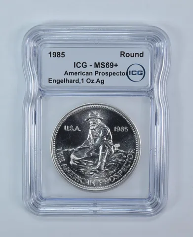 1985 Engelhard American Prospector 1 Oz Silver Round Eagle Reverse MS69+ ICG