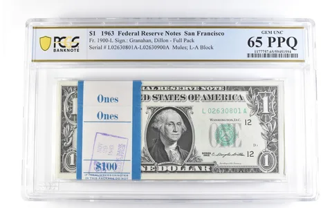 Lot (100) 1963 $1 San Francisco CA FRN Fr#1900-L Full Pack Unc 65 PPQ PCGS *1698