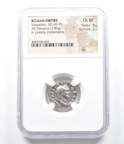 AD 69-79 Roman Empire AR Denarius 2.89g Priestly Implements Ch XF NGC a1060