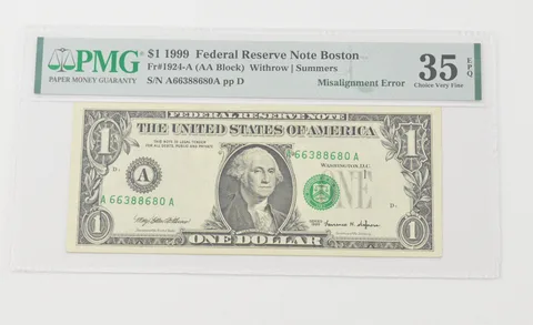 Choice VF35 EPQ 1999 $1 FRN Boston - FR#1924-A Misalignment Error - PMG a6571