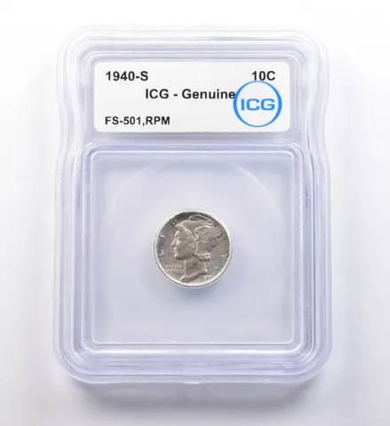 1940-S Mercury Dime FS-501 RPM Genuine ICG *9724