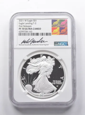 PF70 UCAM 2021-W American Silver Eagle FR T2 Singed Gaudioso NGC *8883