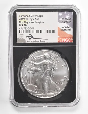 MS70 2019-W American Burnished Silver Eagle FDOI Washington Signed NGC a1082