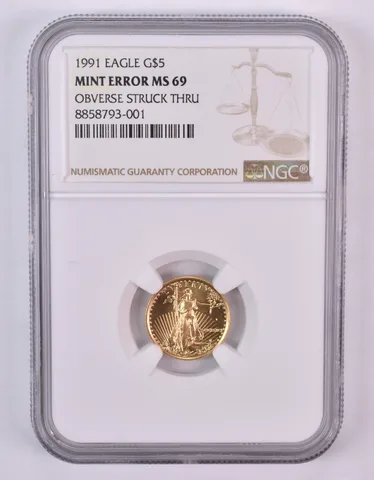 1991 $5 American Gold Eagle Mint Error Obv Struck Thru 1/10 Oz MS69 NGC *0997