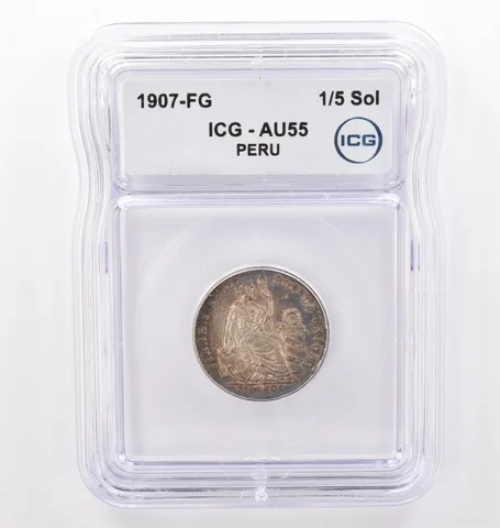 1907 FG Peru 1/5 Sol AU55 ICG Beautiful Tone *0124