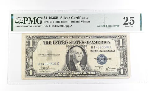 PMG 25 VF 1935 B $1 Silver Certificate Blue Seal Gutter Fold Error Fr#1611 *1001