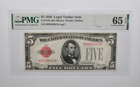 PMG 65 EPQ $5 1928 US Legal Tender Note FR#1525 (BA Block) Red Seal *4713