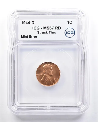 1944-D Lincoln Wheat Cent Mint Error Struck Thru MS67 RD ICG *1649