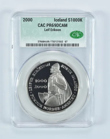 2000 Iceland Leif Ericson Commemorative Silver 1000 Kronur PR69 DCAM CAC CACg