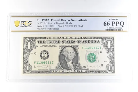 1988 A $1 Atlanta GA FRN Fr#1915-F Radar Serial Gem Unc 66 PPQ PCGS a6095