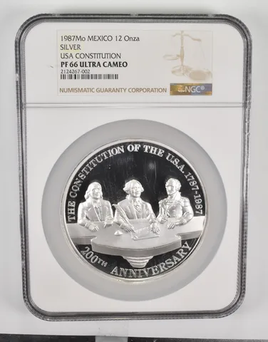PF66 UCAM 1987 Mo Mexico 12 Onza - Silver - USA Constitution - Graded NGC *0138
