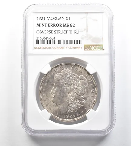 1921 Morgan Silver Dollar Mint Error Obverse Struck Thru MS62 NGC a7172