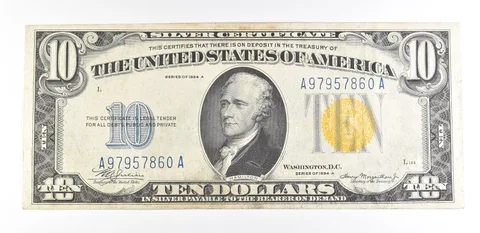 1934 A $10 Silver Certificate North Africa Yellow Seal Fr#2309 AU a9336