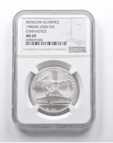 MS69 1980 (M) USSR 5 Rubles Silver Moscow Olympics Gymnastics NGC *8177