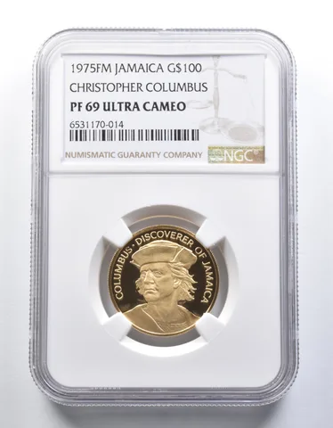 PF69 UCam 1975 FM Jamaica 100 Gold Dollars Columbus Commemorative NGC a6090