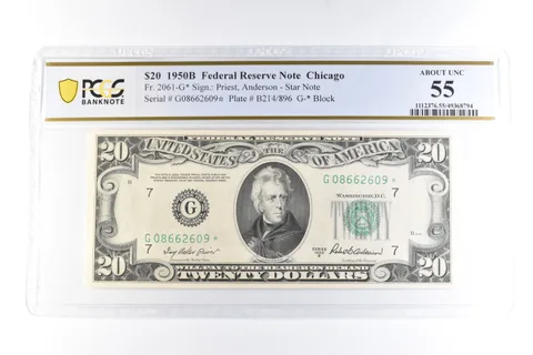 1950 B $20 Chicago IL FRN Fr#2061-G Star Note About Unc 55 PCGS *6077