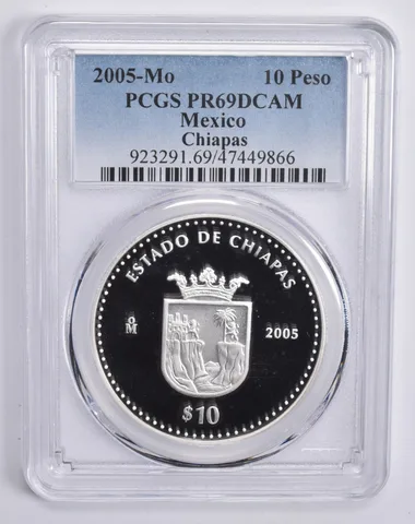2005 Mo Mexico 10 Pesos Silver Chiapas PR69 DCAM PCGS Blue Lbl