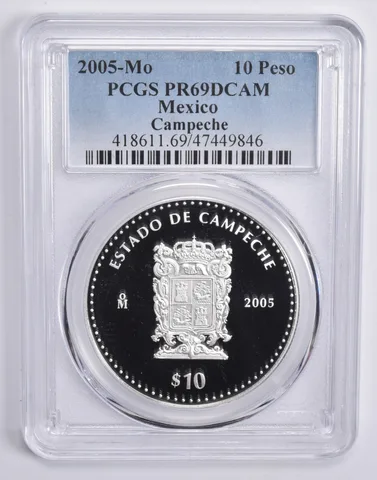 2005 Mo Mexico 10 Pesos Silver Campeche PR69 DCAM PCGS Blue Lbl