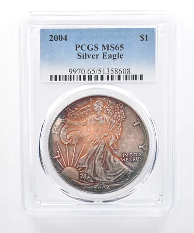 2004 American Silver Eagle MS65 PCGS Red/Blue Tone *8511