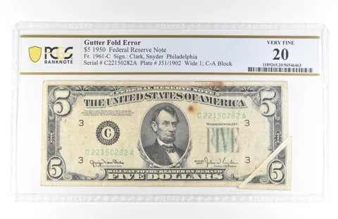 1950 $5 Philadelphia PA FRN Gutter Fold Error Fr#1961-C Very Fine 20 PCGS *5834