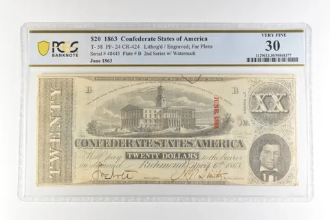 1863 $20 Confederate States America T-58 PF-24 CR-424 Very Fine 30 PCGS *4465