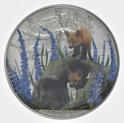 Random Date American Silver Eagle Colorized Foxes
