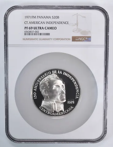 1971 FM Panama 20 Balboas CT.American Independence Silver PF69 UCam NGC