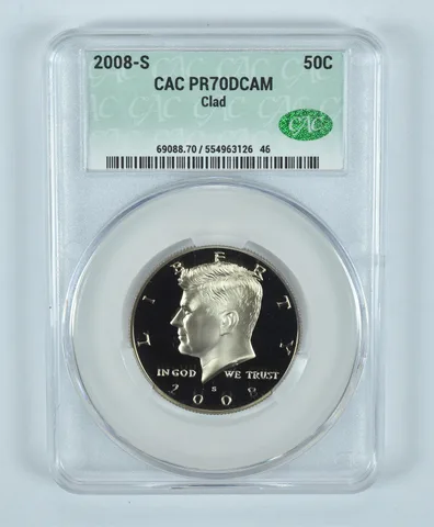 2008-S Kennedy Half Dollar CLAD PR70 DCAM CAC CACg