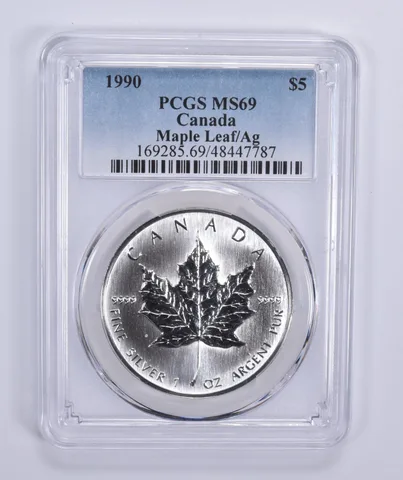 1990 Canada 5 Dollar Maple Leaf 1 Oz Silver MS69 PCGS Blue Label