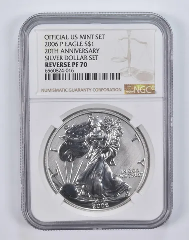 2006-P American Silver Eagle Dollar Set 20th Anniv. REVERSE Proof PF70 NGC