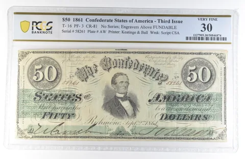 1861 $50 Confederate States Third Issue T-16 PF-3 CR-81 Very Fine 30 PCGS a8137