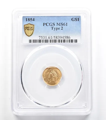 1854 $1 Indian Princess Head Gold Dollar Type 2 MS61 PCGS PQ *9641