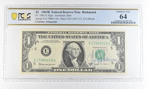 1963 B $1 Richmond VA FRN Courtesy Autograph FR#1902-E Unc 64 PCGS Barr *0627