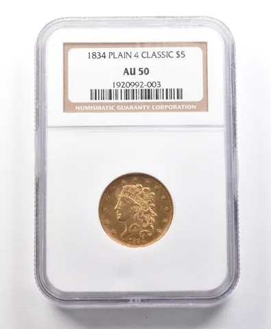 1834 $5 Classic Head Half Eagle Plain 4 AU50 NGC UPGRADE Old *5656