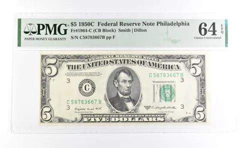 PMG 64 Unc EPQ 1950 C $5 Philadelphia, PA US FRN Green Seal Fr#1964-C *1037