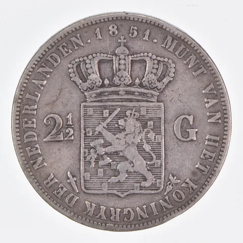 Better Date - 1851 Netherlands 2 ½ Gulden World Coin- Silver *533