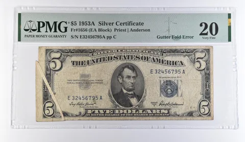 1953 A $5 Silver Certificate Fr#1656 Gutter Fold Error VF 20 PMG *9394
