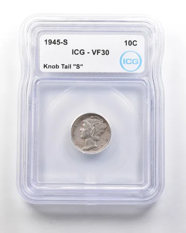 1945-S Mercury Dime Mint Error Knob Tail "S" VF30 ICG *1685
