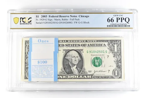 (100) 2003 $1 Chicago IL FRN Fr#1929-G Full Pack Gem Unc 66 PPQ PCGS *0193