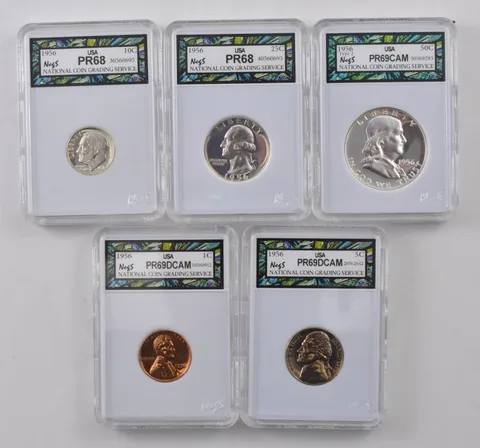 (5) 1956 Proof Set Cent Nickel Franklin Half Dollar Quarter Roosevelt Dime *8761