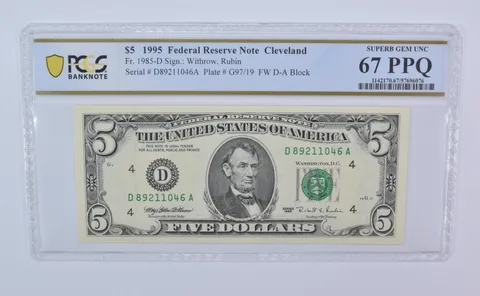 1995 $5 Cleveland OH FRN Fr#1985-D Superb Gem Unc 67 PPQ PCGS *8110