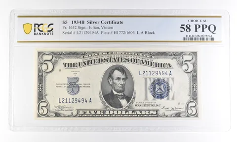 1934 B $5 Silver Certificate Fr#1652 Choice AU 58 PPQ PCGS a2773