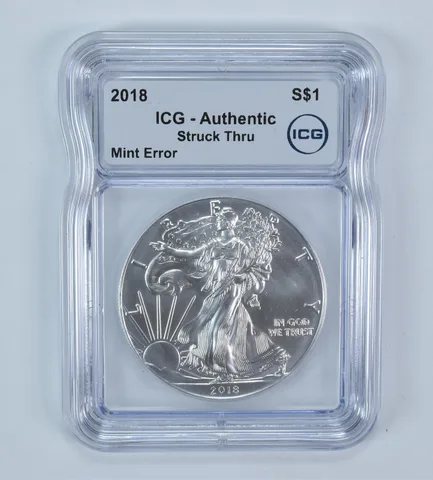 2018 American Silver Eagle Mint Error Struck Thru Authentic ICG