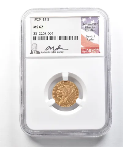 1929 $2.50 Indian Head Gold Quarter Eagle David Ryder MS62 NGC *9922
