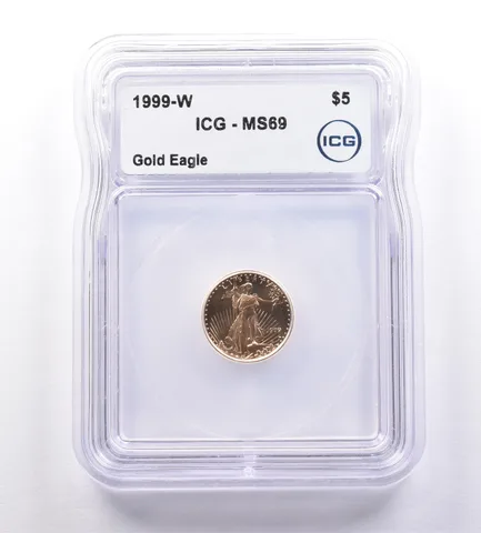 1999-W $5 American Gold Eagle 1/10 Oz Gold MS69 ICG Unfinished Die *9207