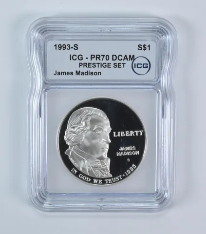 1993-S James Madison Commemorative Silver Dollar Prestige Set PR70 DCAM ICG
