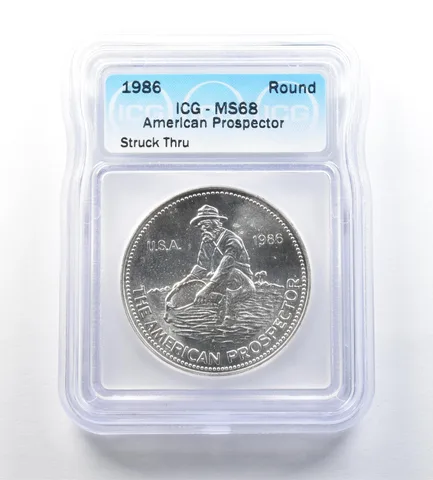 1986 Engelhard American Prospector 1 Oz Silver Struck Thru MS68 ICG *0673